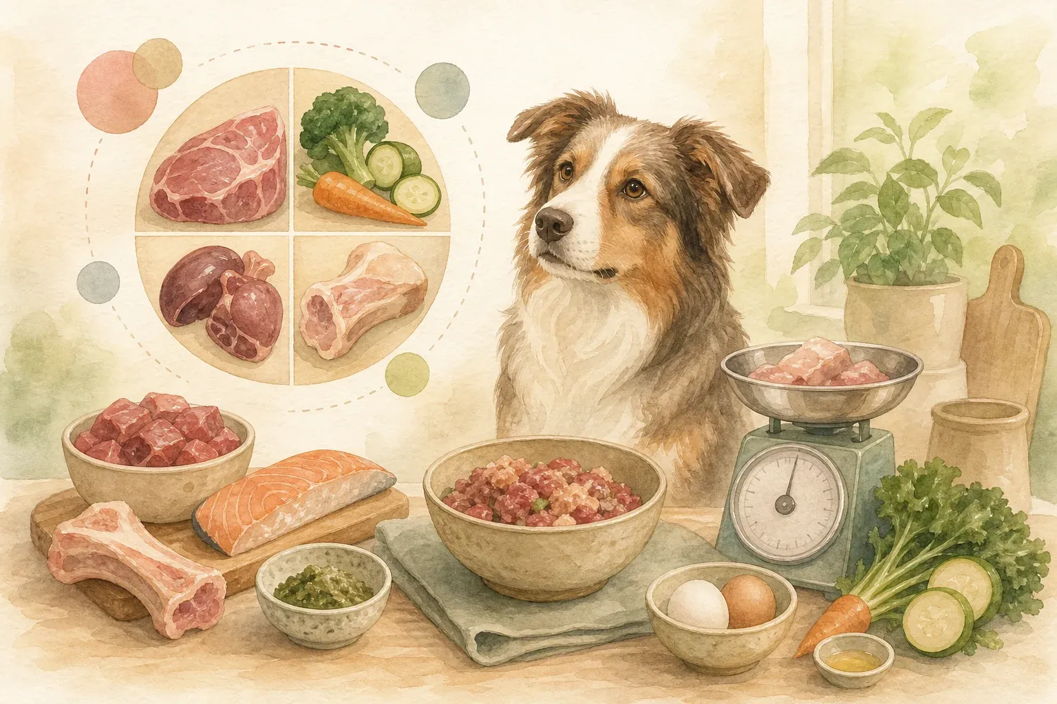 BARF-Rechner für Hunde: frische Zutaten wie Fleisch, Knochen und Gemüse auf einer Küchenwaage