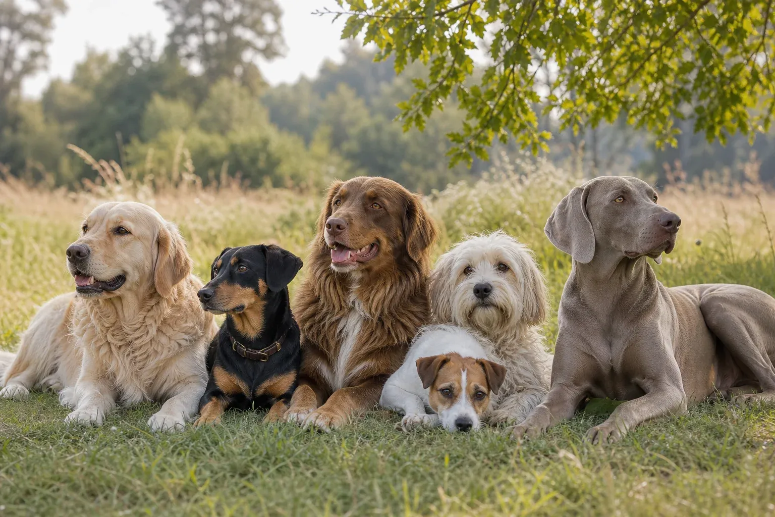 Mehrere entspannte Hunde unterschiedlicher Größe liegen friedlich nebeneinander auf einer Wiese