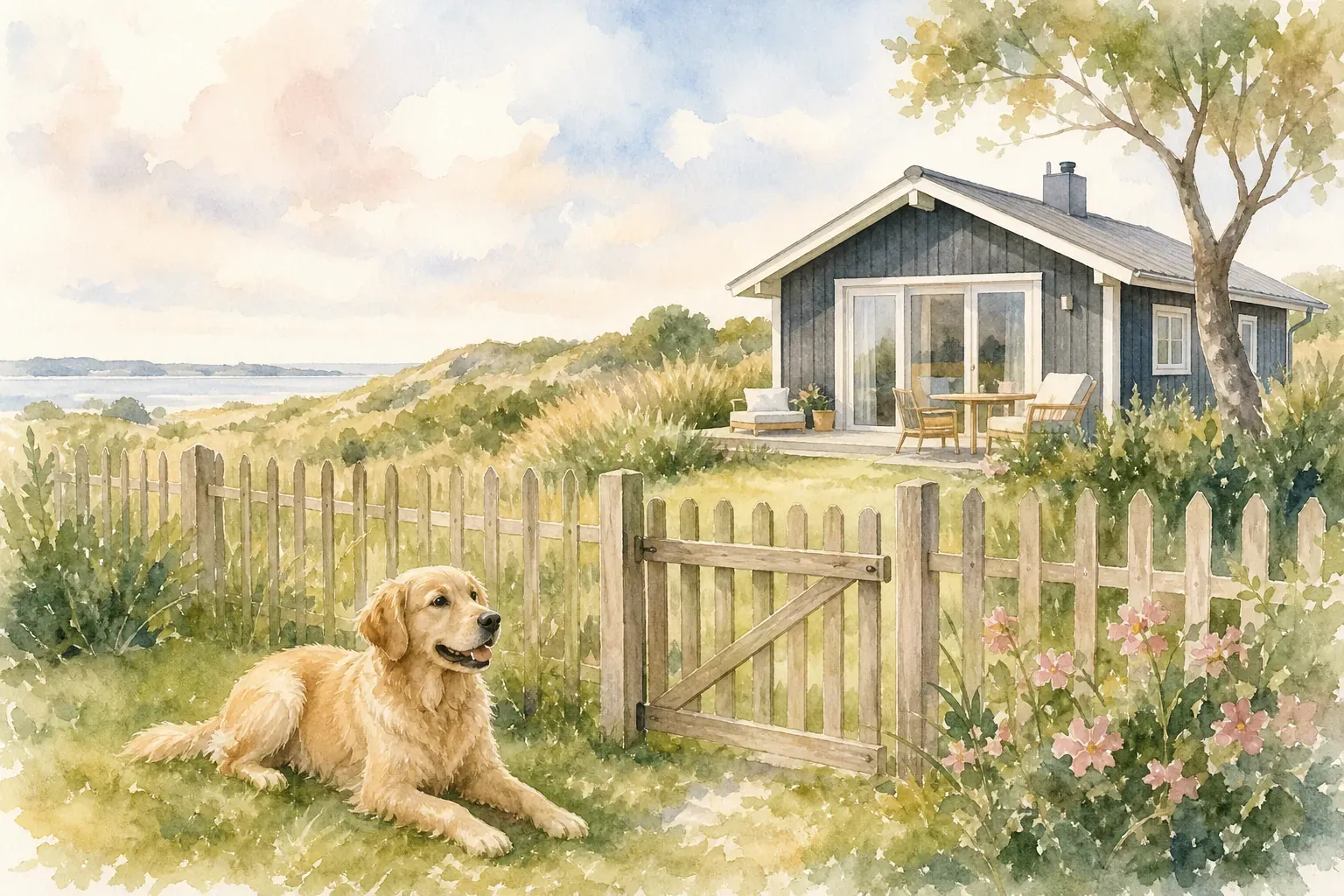 Hund läuft frei auf dem eingezäunten Grundstück eines Ferienhauses