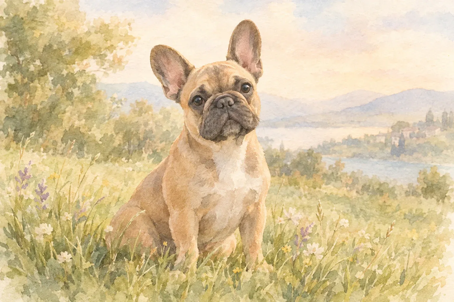 Französische Bulldogge mit aufmerksamen Fledermausohren sitzt auf einer Wiese