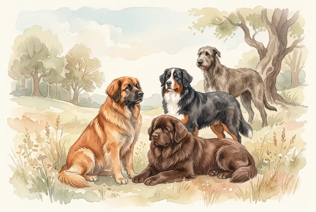 Große Hunderassen mit langem Fell auf einer grünen Wiese