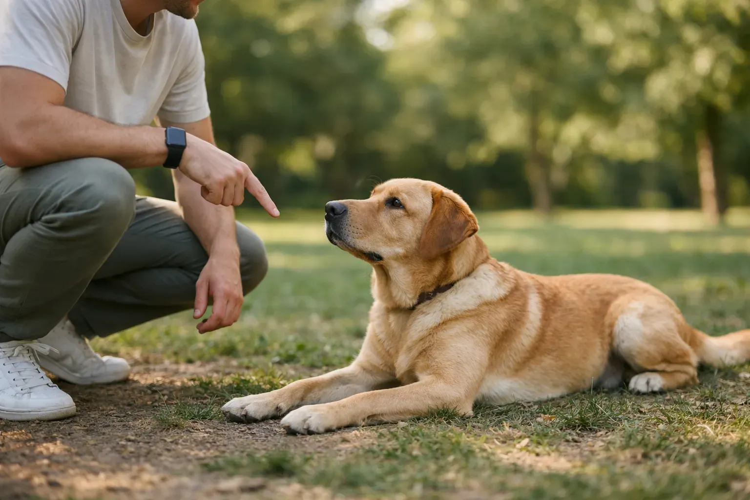Hund übt Platz-Kommando im Park mit Besitzer