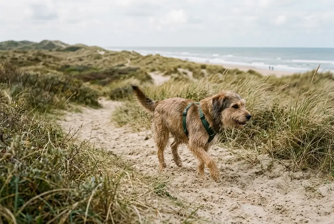 Hund beim Spaziergang in den Dünen der holländischen Nordseeküste