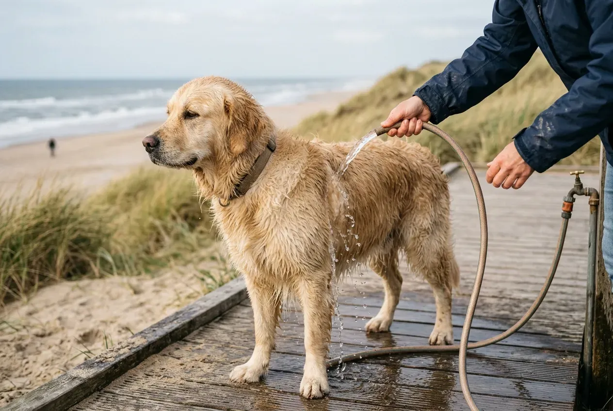 Hund wird nach dem Strandbesuch an der Nordsee mit klarem Wasser abgespült