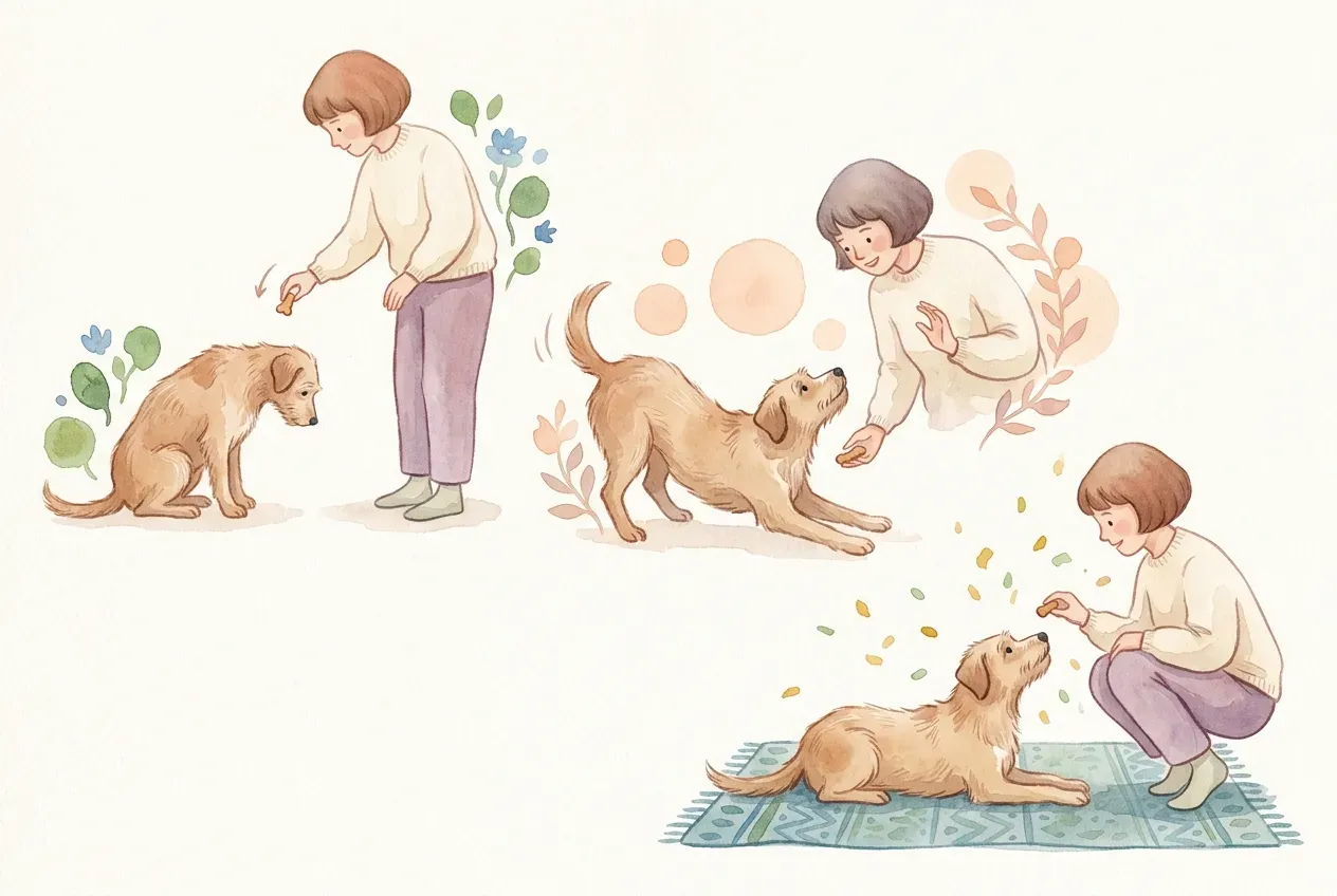 Hund liegt konzentriert im Platz-Kommando vor seinem Besitzer