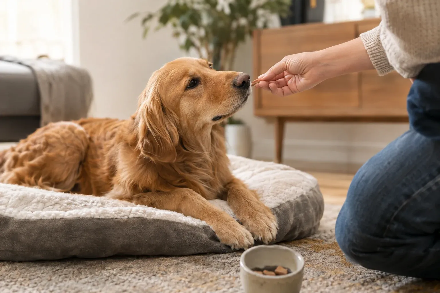 Hund liegt entspannt auf seinem Platz und wird mit einem Leckerli belohnt