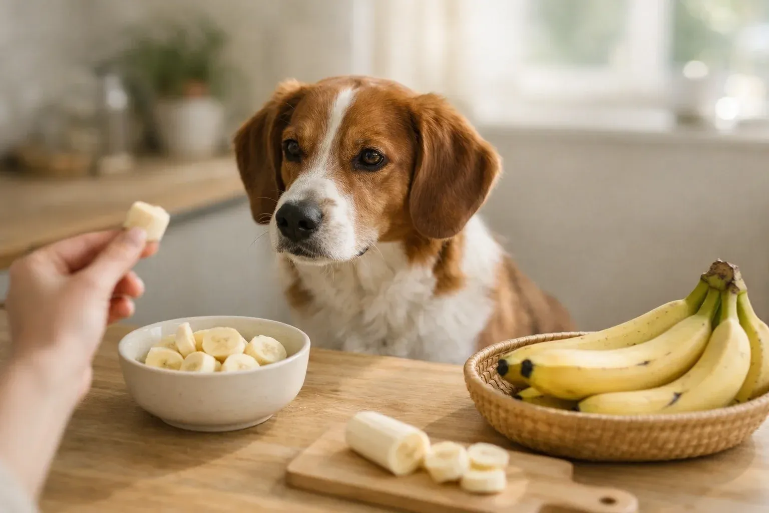 Hund schaut neugierig auf eine geschälte Banane auf einem Holztisch