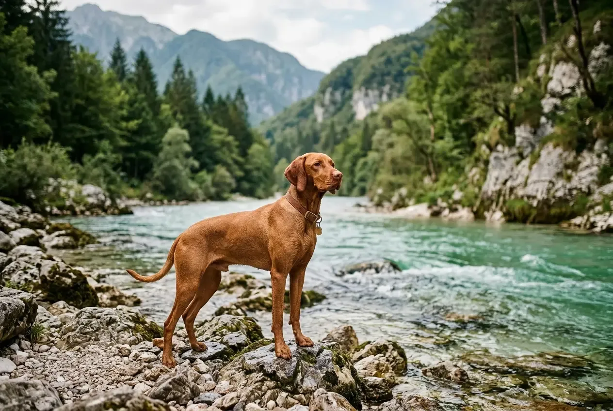 Hund vor smaragdgrünem Fluss im slowenischen Soča-Tal