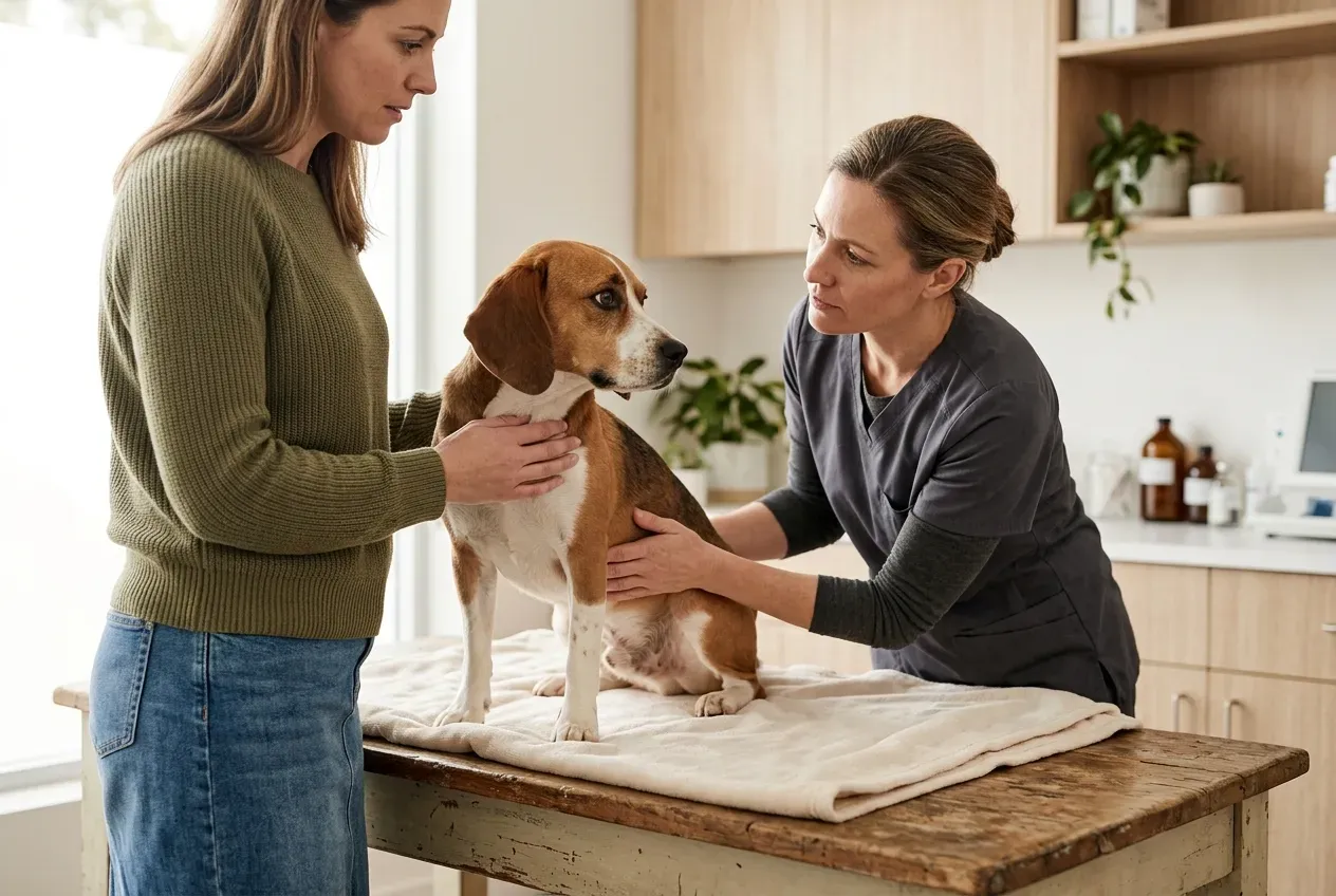 Tierarzt untersucht einen Hund wegen Magen-Darm-Beschwerden