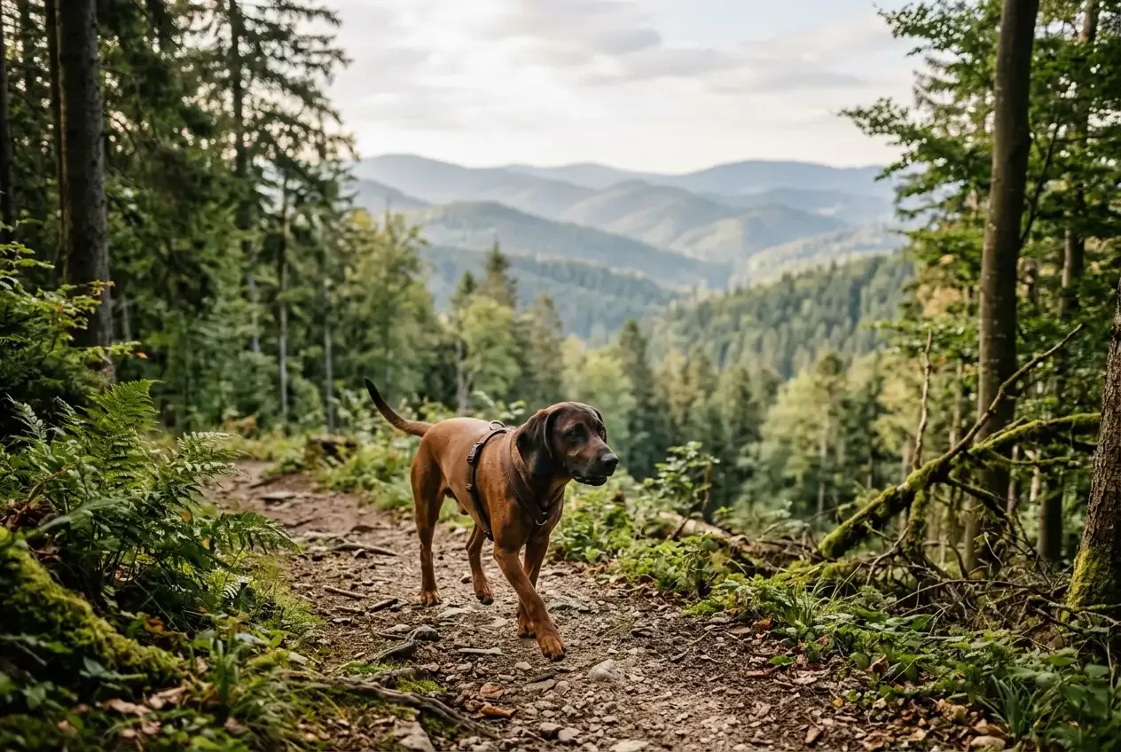 Hund auf einem Waldweg im Bayerischen Wald mit Bergpanorama