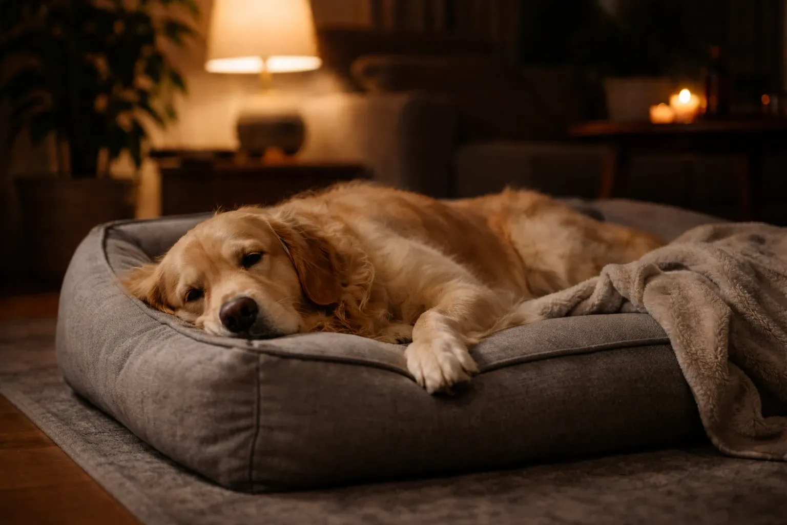 Hund liegt entspannt im Hundebett in dunklem Raum