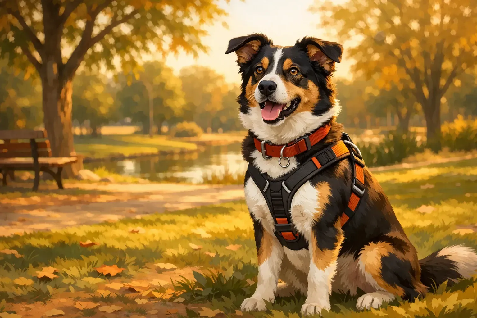 Hund im Park trägt Hundegeschirr und Halsband gleichzeitig beim Spaziergang