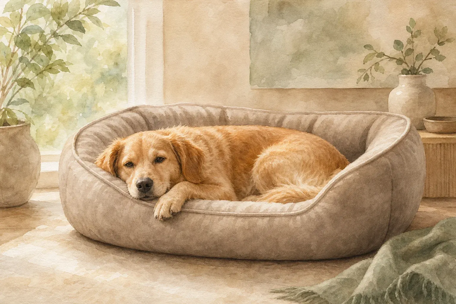 Hund liegt entspannt in einem gepolsterten Hundebett mit hohem Rand