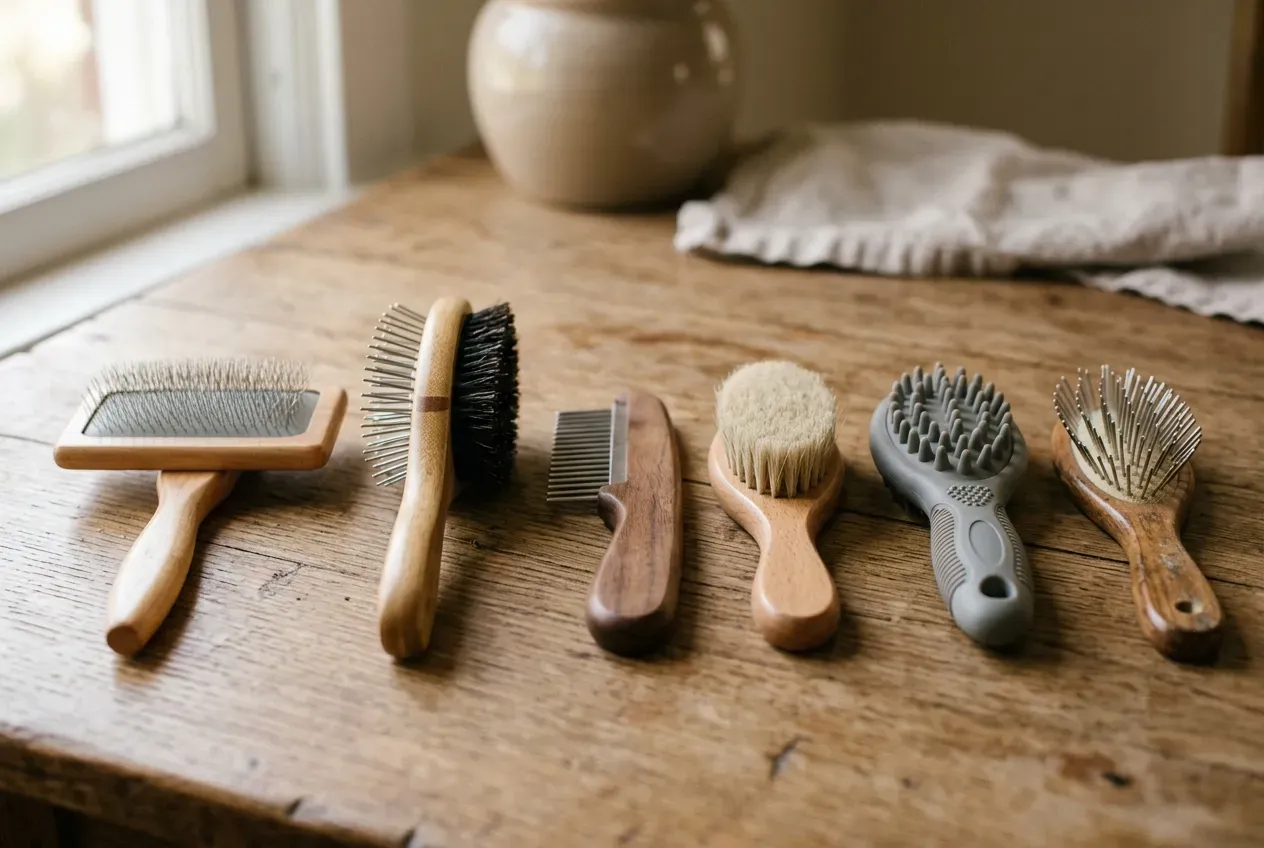 Verschiedene Hundebürsten nebeneinander auf einem Holztisch