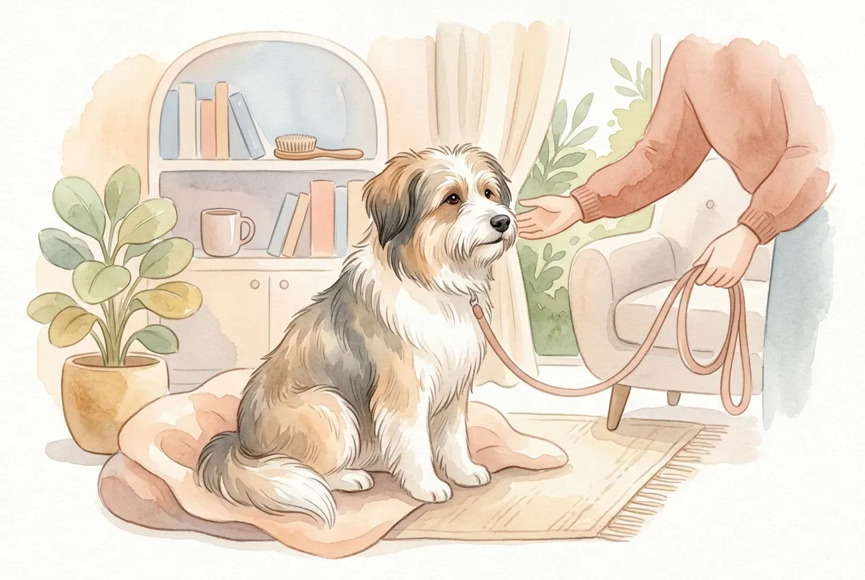 Elo Hund mit flauschigem Fell liegt entspannt auf einer Wiese