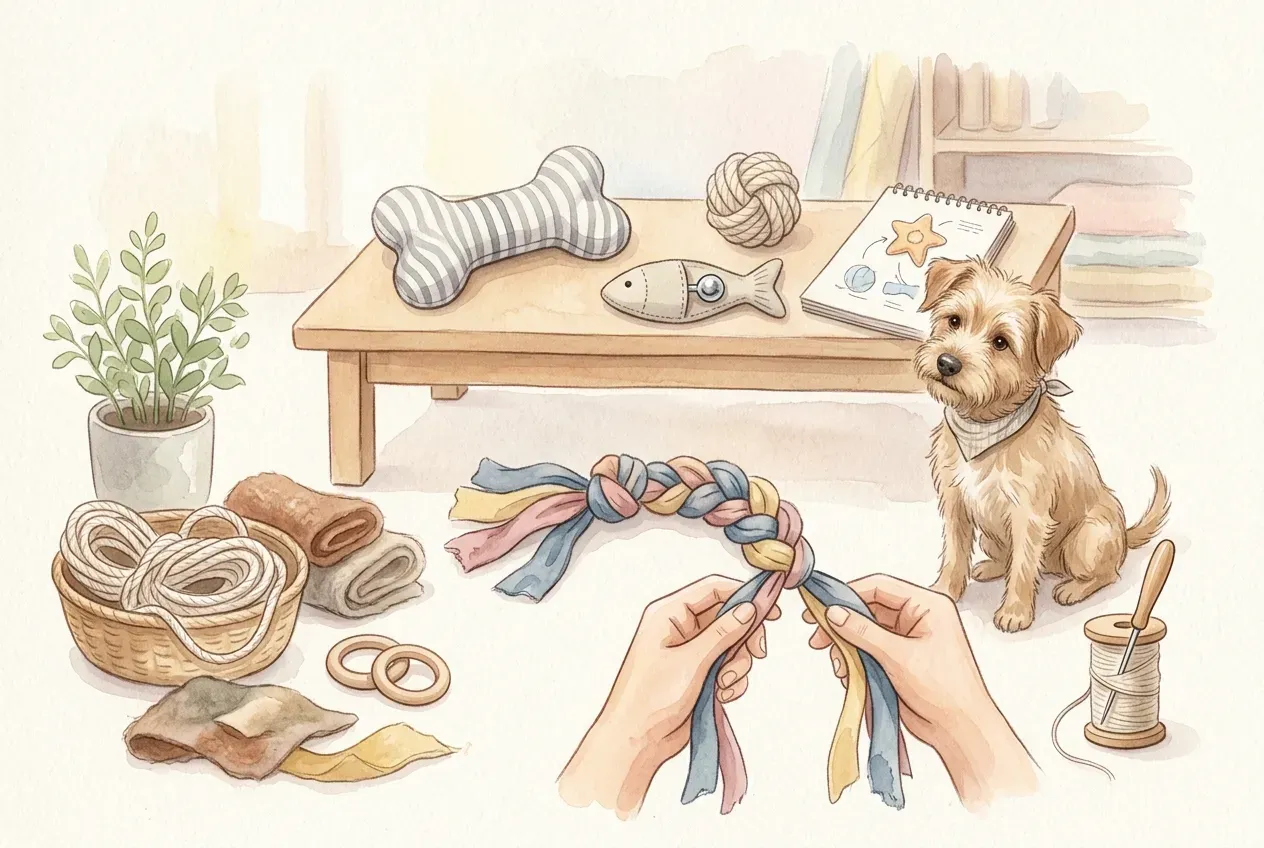 Selbstgemachtes Hundespielzeug aus Stoff und Seilen liegt auf einem Holzboden