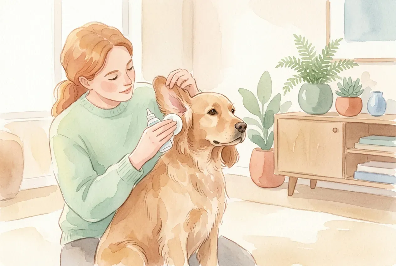 Hund Ohren reinigen: Besitzer reinigt sanft die Ohren eines Hundes mit einem Watteball