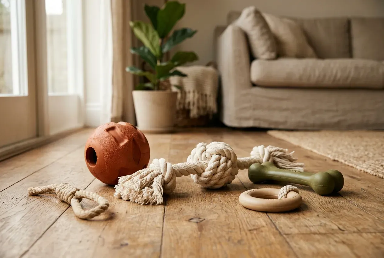 Verschiedene robuste Hundespielzeuge aus Naturkautschuk und Seil auf Holzboden