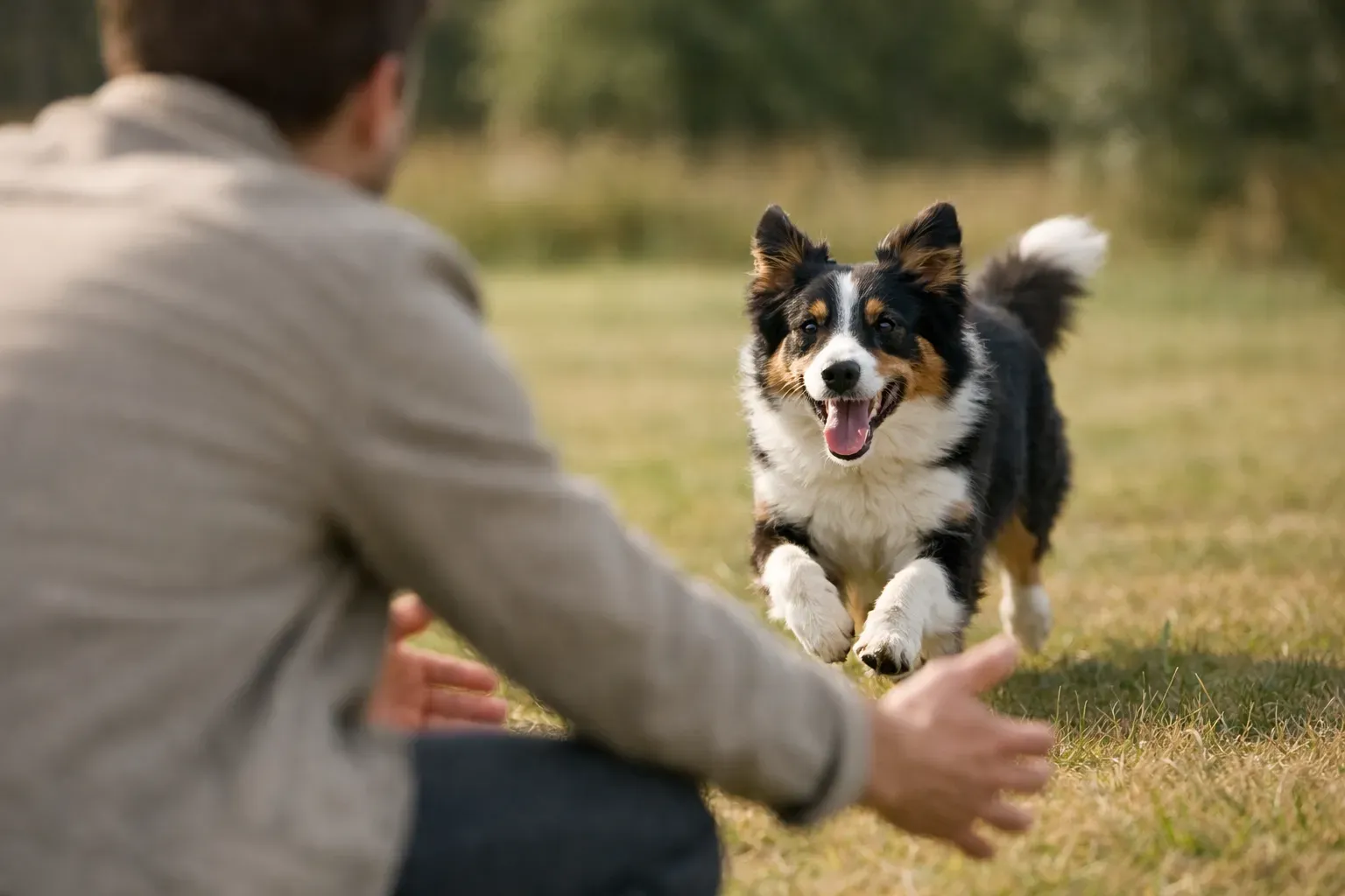 Hund rennt freudig auf seinen Besitzer zu beim Rückruf-Training