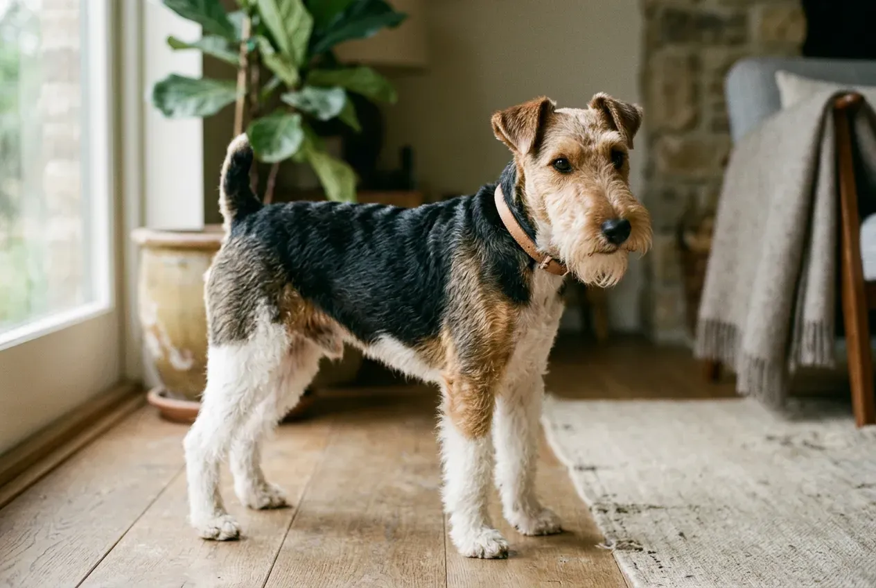 Gepflegter Terrier nach dem Trimmen mit glänzendem Drahtfell