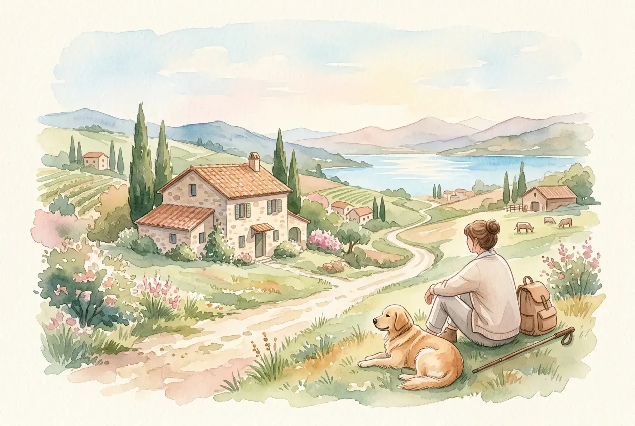 Hund am einsamen Strand bei Sonnenuntergang im Hundeurlaub