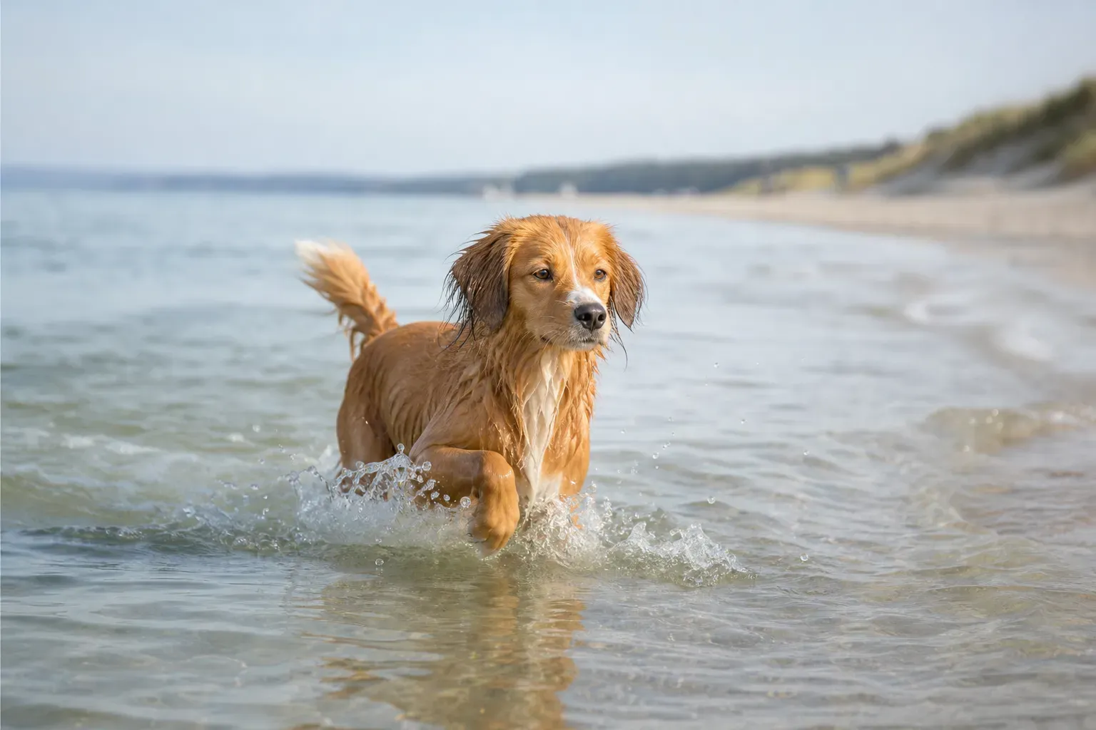 Hund plantscht im ruhigen Ostseewasser am Sandstrand
