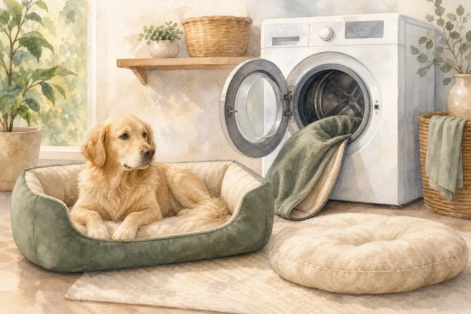 Waschbares Hundebett mit abnehmbarem Bezug neben Waschmaschine