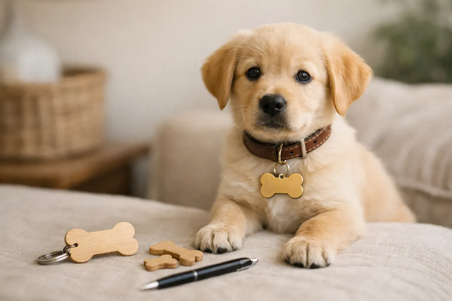 Welpe mit Namensschild als Symbol für die Namenswahl