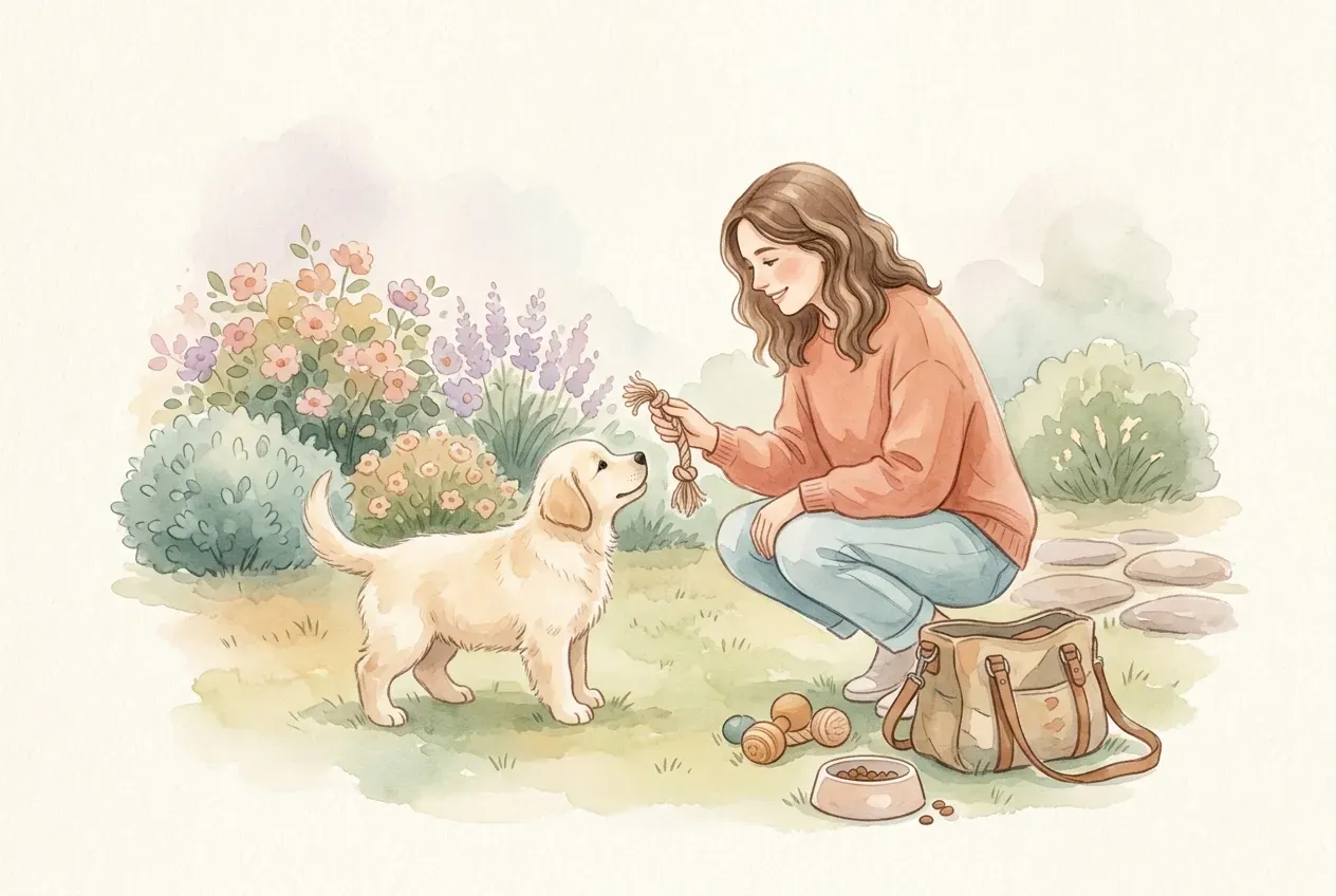 Welpenerziehung: Junger Labrador lernt Sitz-Kommando im Garten