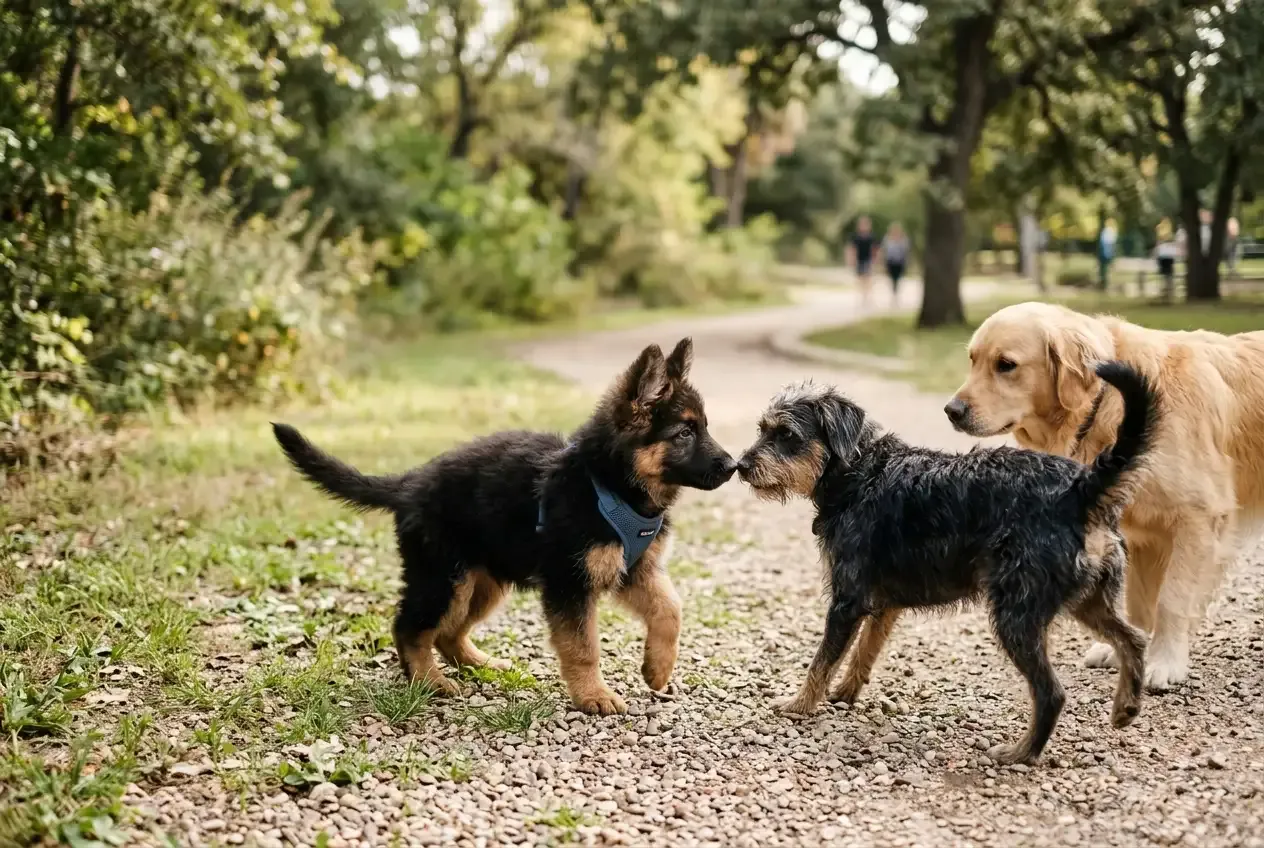 Welpe beim Sozialisierungstraining mit anderen Hunden